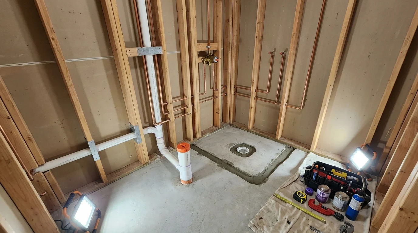 Bathroom rough-in plumbing during remodel by Johns Plumbing LLC in Coulee Dam
