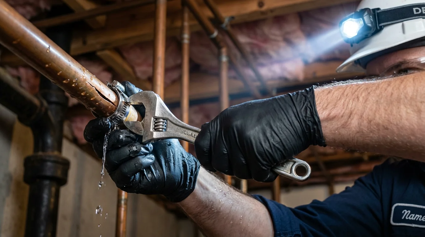 Emergency pipe clamp repair being performed by a Johns Plumbing LLC plumber in Coulee Dam