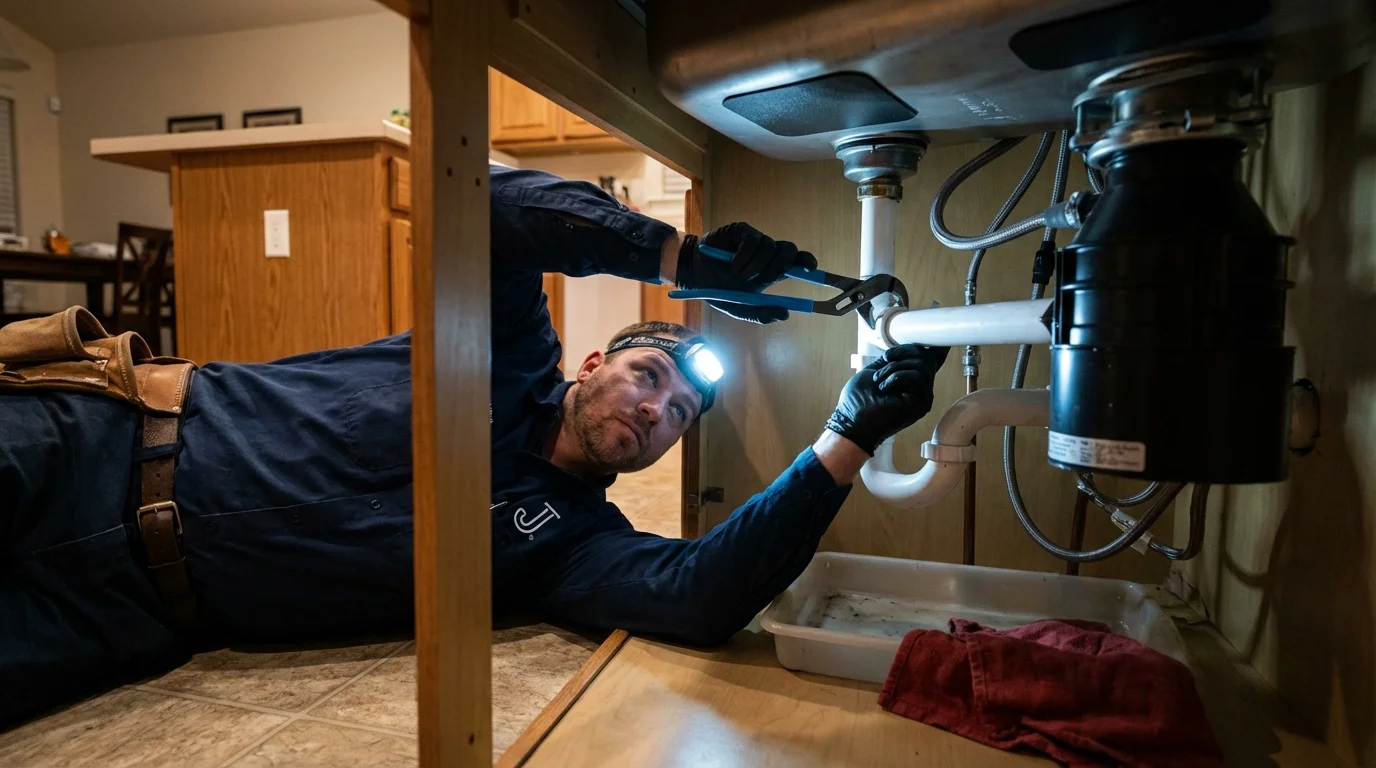 P-trap and supply line connections under a kitchen sink showing a common leak point in Coulee Dam, WA